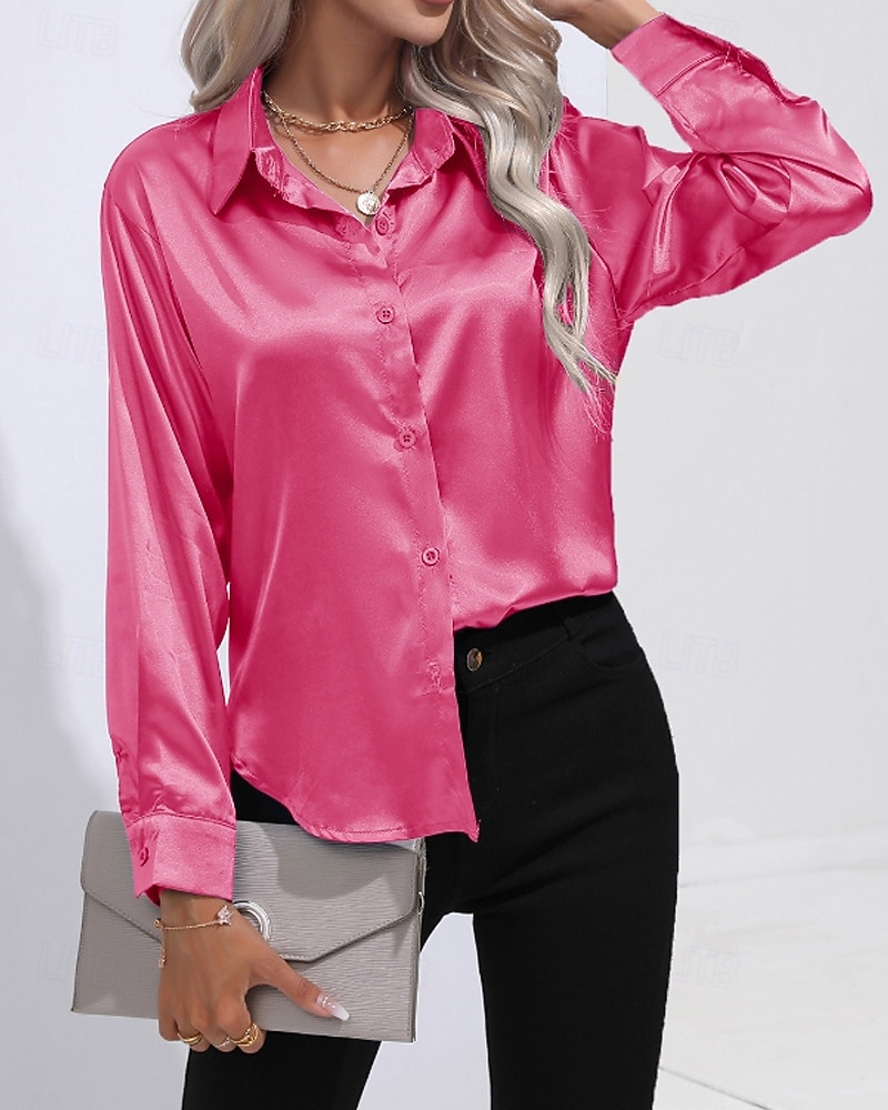 Femmes Chemise Elegant Haut en satin Chemisier Boutons Uni Élégant ancien manche longue Col de chemise Hauts Réguliers Fête Sortir Jaune Rouge Bleu Roi Rose Gris Été Printemps de 2026 ? $25.99 –P4