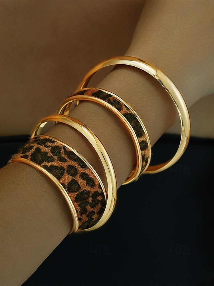 Dames manchetarmbanden met luipaardprint in goudkleurige legering – set van 4, stijlvol dierenprintontwerp, perfect voor casual en avondkleding 2026 - $11.99 –P5