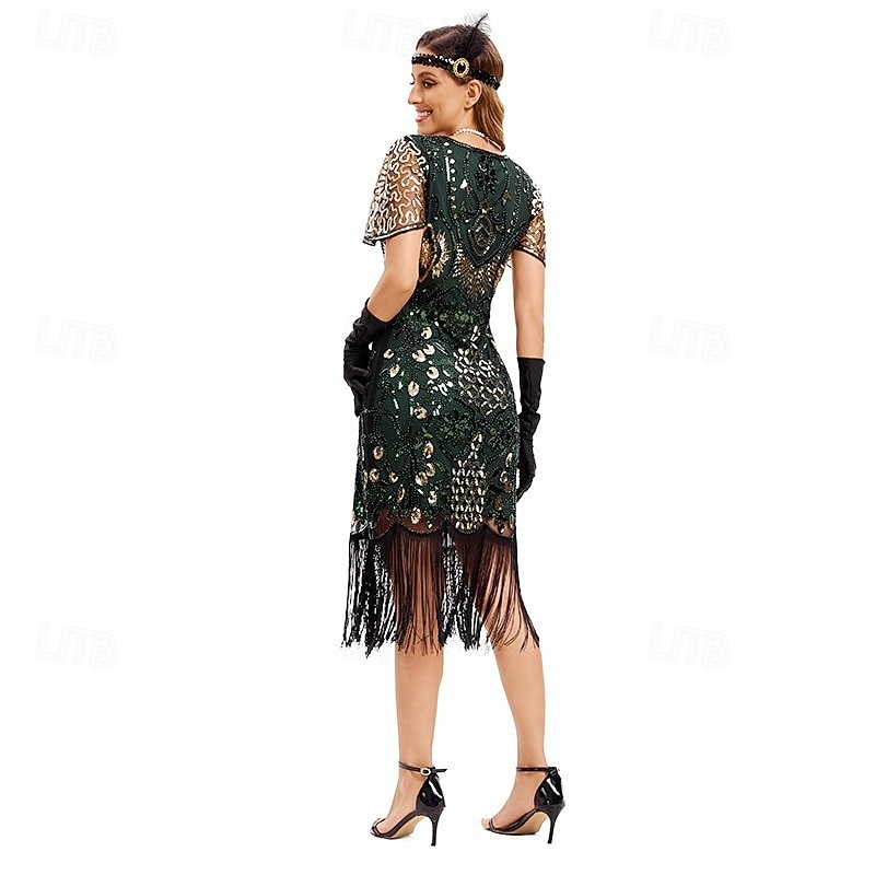 Loucos anos 20 Anos 20 Meio-dia Vestido melindroso Mangas curtas O Grande Gatsby Menina melindrosa Paetês Franja Tubinho Decote V Fantasia Mulheres Natal Carnaval bar clandestino Mascarilha Festa de 2026 por $42.99 –P3