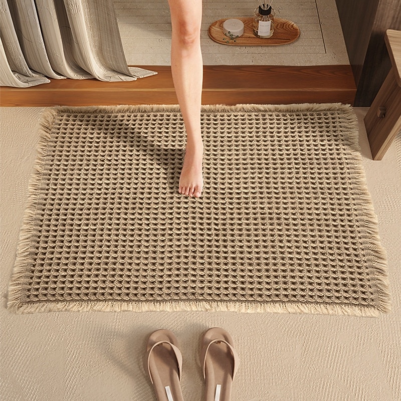 Vaflová koupelnová předložka, boho koupelnové koberečky, protiskluzové, pratelné, super savé a rychleschnoucí, malé koupelnové předložky, farmářská koupelnová dekorace, 18'' x 30'', khaki a bílá 2026 - $10.49 –P15