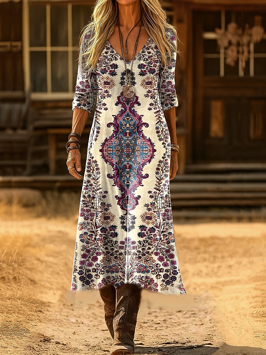 Women's Maxi Dress Boho Sheath Dress Party Casual  Daily Date Going out Loose Fit Floral Graphic Paisley Long Sleeve V Neck Black Red Purple Orange Spring Fall Winter 2026 - $41.99 –P6