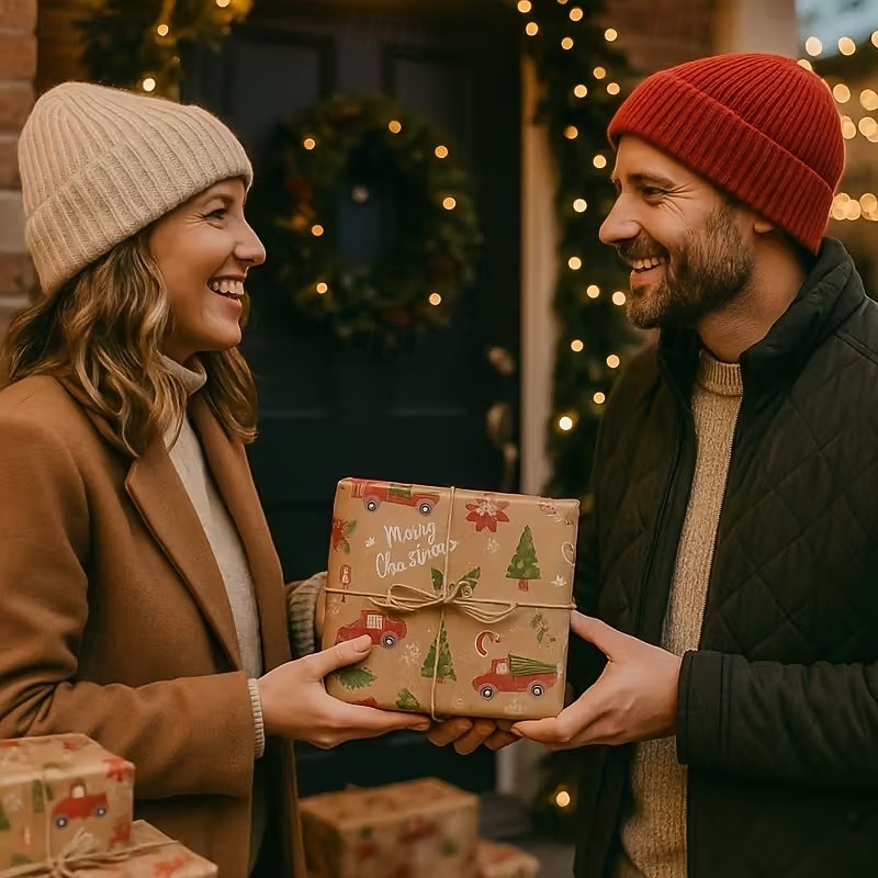 גליל אחד של נייר עטיפה גדול לחג המולד באורך 118 אינץ' - נייר קראפט דו-צדדי בצבע חום בהיר עם פתיתי שלג אדומים/ירוקים/זהובים, פעמוני סוכריות על מקל, איילים וטקסט "חג מולד שמח". 2025 - $11.99 –P4