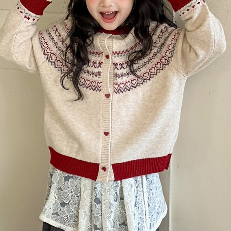 Kids Girls' Cardigan Sweater Heart Outdoor Long Sleeve Button Up Fashion 4-12 Years Fall Beige 2026 - $27.99 –P2