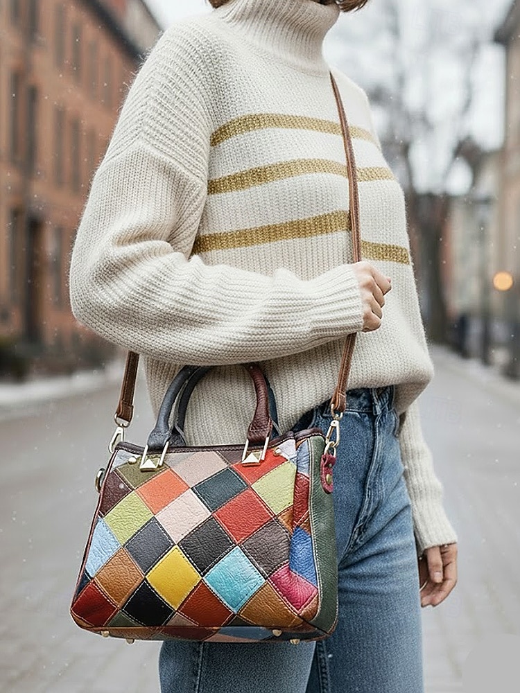 borsa da donna in pelle, design patchwork multicolore, materiale in vera pelle, versatile con manici superiori e tracolla regolabile, elegante e funzionale per l'uso quotidiano e le occasioni speciali del 2026 a $59.99 –P3