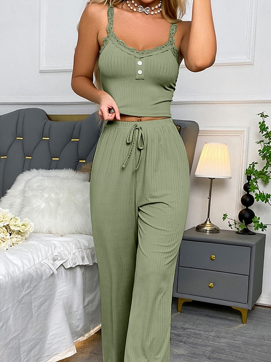 Mujer Conjunto pijama Casual Confort Color puro Cintura elástica Top de tirantes Pantalón Hogar Diario Sin Mangas Correas Azul Piscina Negro Rosa Azul Marino Verde Trébol Verano Primavera Otoño 2026 - $19.99 –P4