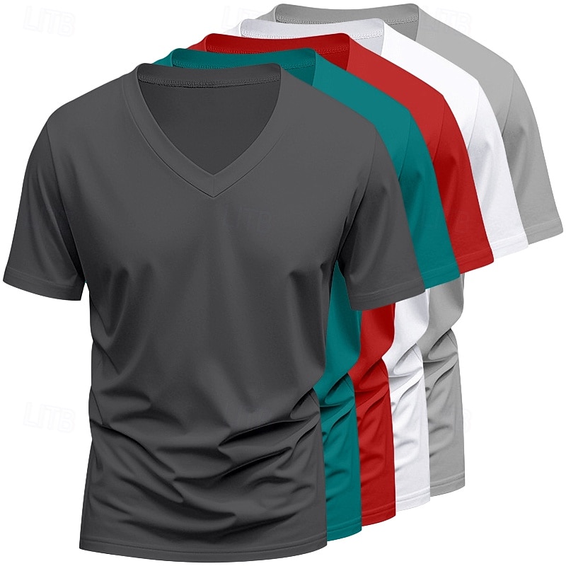 5-częściowy męski T-shirt z krótkim rękawem, dekolt w serek, letni, na każdą porę roku, jednolity kolor, prosty, codzienny, 5-częściowy zestaw, wakacyjny, casualowy, biały, top, męski 2026 - $59.99 –P3