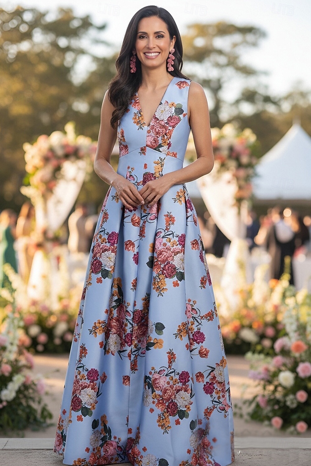 A-Linie Bodenlang Kleid für Hochzeitsgäste Abendkleid Brautmutterkleid Ärmellos V Ausschnitt Elegant Hoher Schlitz Formell Hochzeitsgast Satin mit Druck 2026 - $183.99 –P1