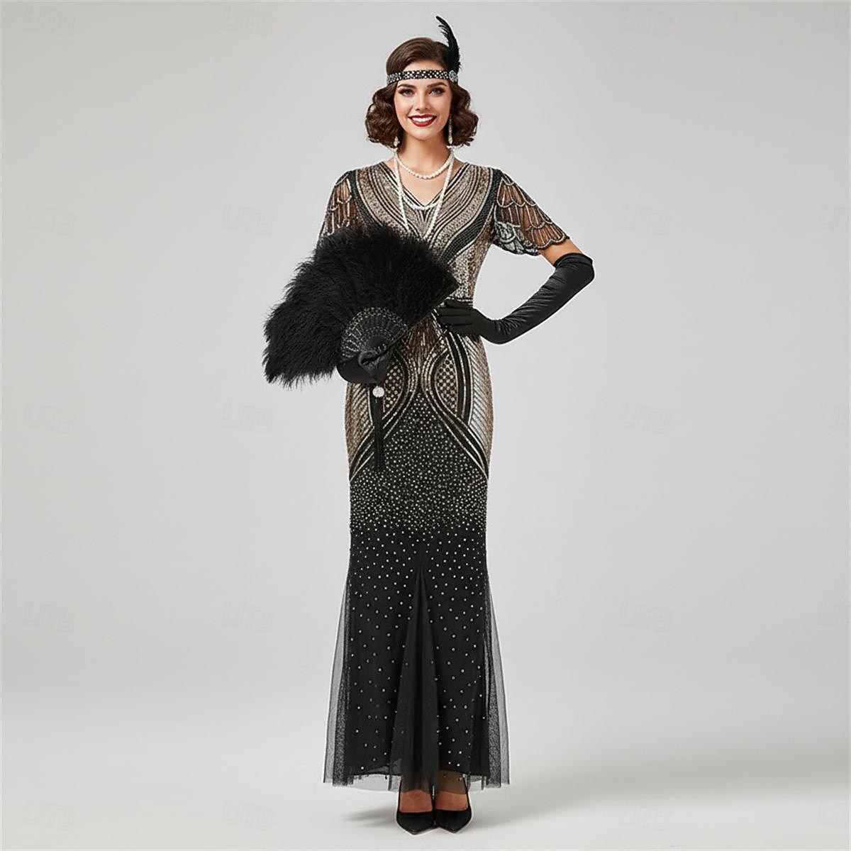 Set Goldene Zwanziger 1920er Knöchellänge Lange Länge Kleid Abendkleid Outfits mit Zubehör Illusionsärmel Kurze Ärmel Der große Gatsby Hochzeitsgast Pailletten Pailletten Halloween V Ausschnitt Kostüm 2026 - $89.99 –P1