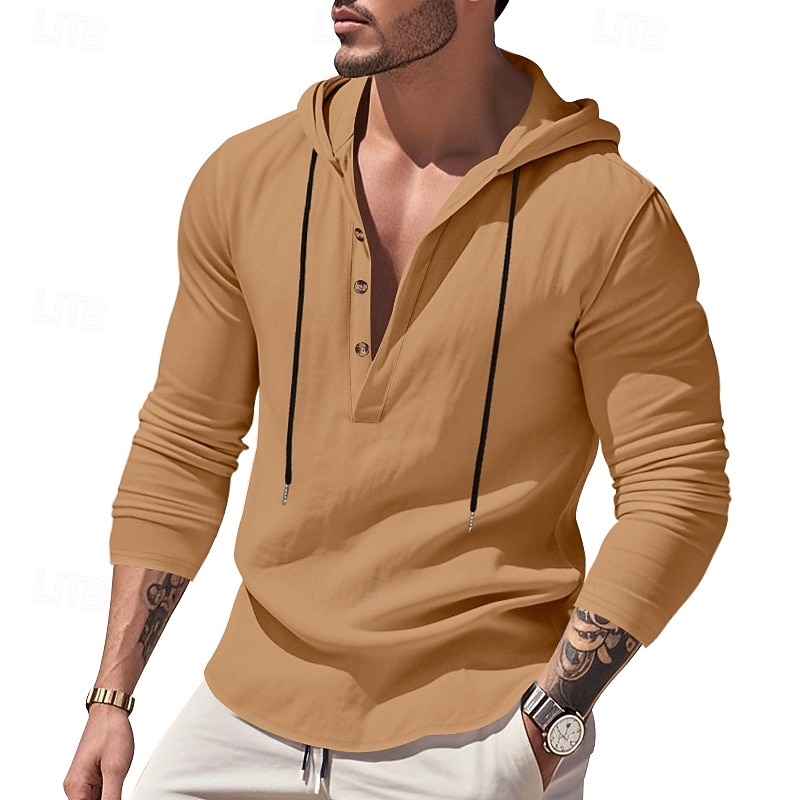 Men's Shirt Popover Shirt Summer Shirt Casual Shirt Beach Shirt Black White Yellow Navy Blue khaki Long Sleeve Solid Color Hooded Vacation Casual Drawstring Clothing Apparel Fashion Casual Comfortable 2026 - $28.99 –P34
