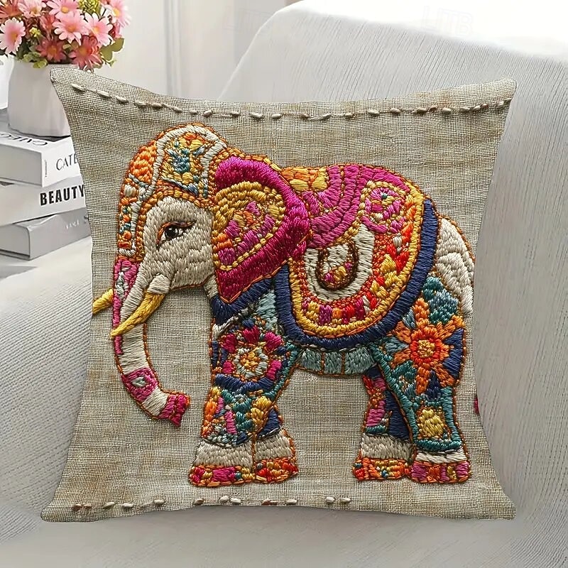 Funda de cojín decorativa de elefante colorido con estampado plano 2D, 45x45 cm (18x18 pulgadas), ideal para sofá, sala de estar o como detalle decorativo en el hogar. 2026 - $9.99 –P1