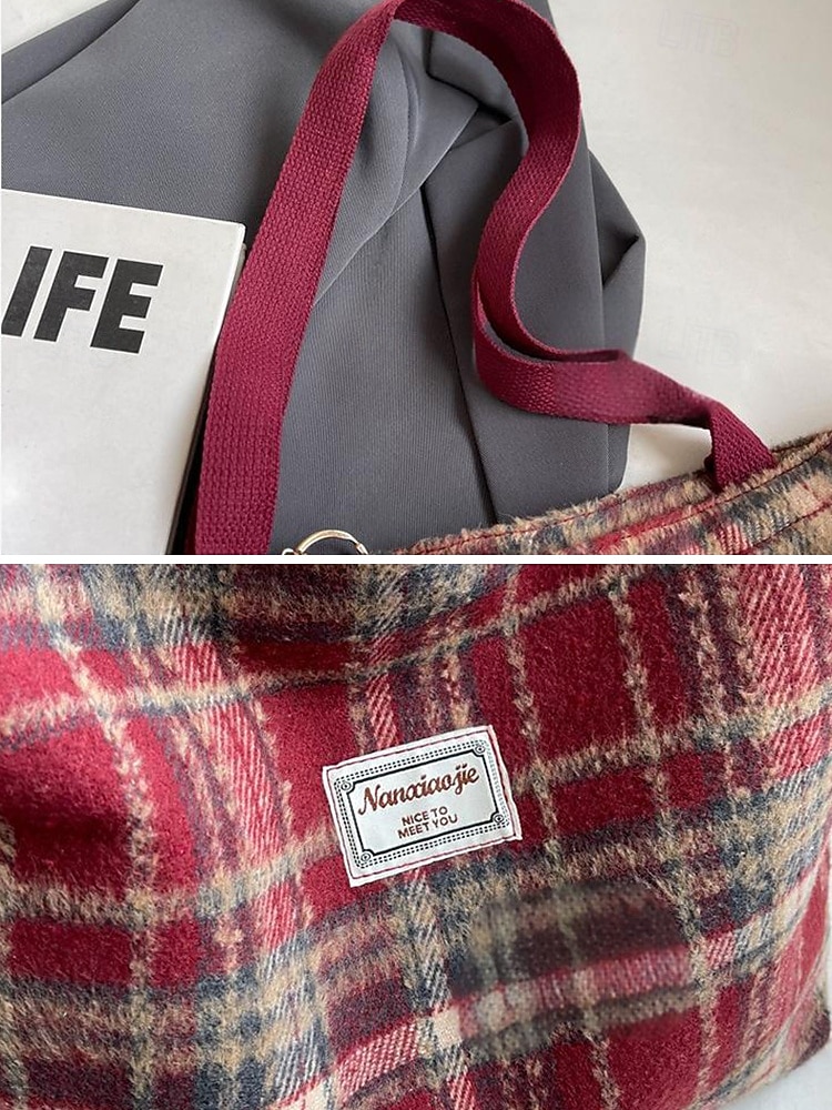 Женские рождественские клетчатые сумки-шопперы – большие и маленькие размеры, полиэстеровая ткань с помпонами, праздничный стиль для предпраздничного шопинга и подарков 2026 - $11.99 –P10