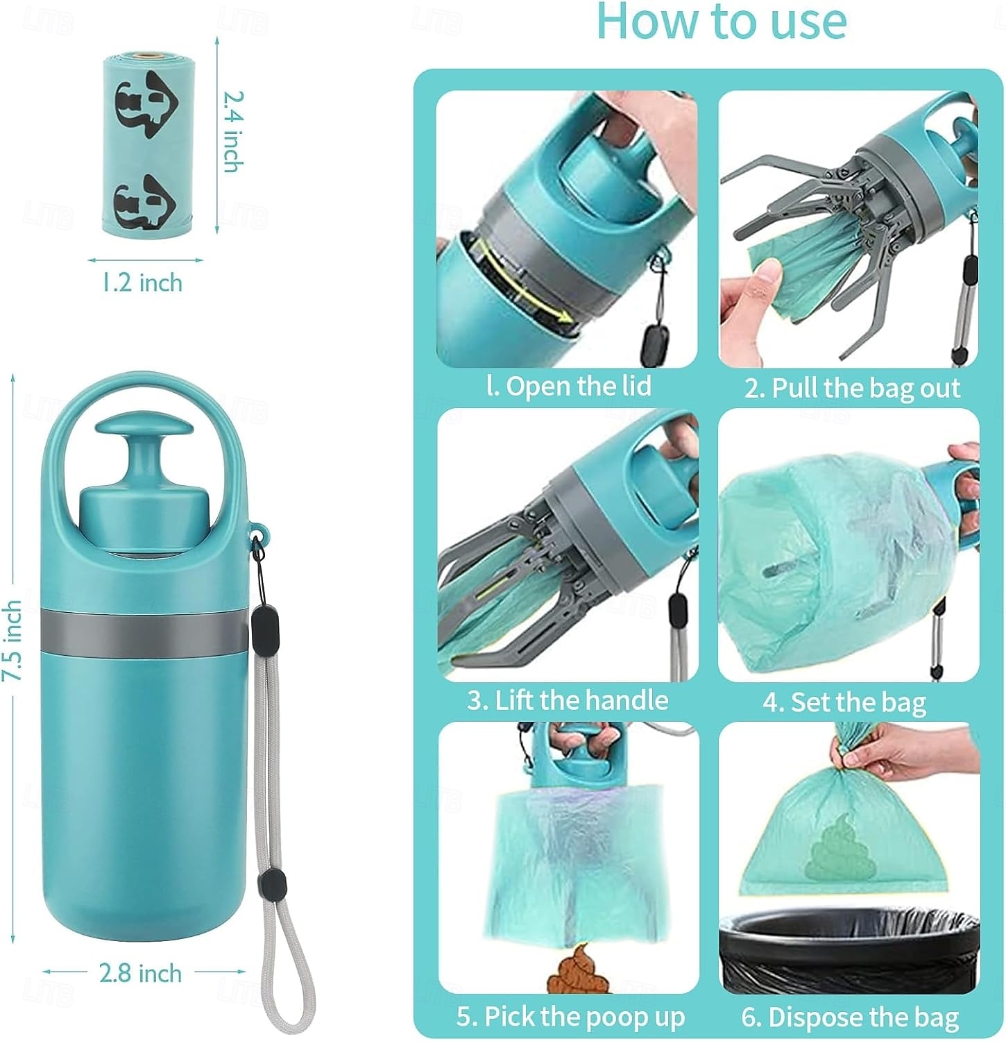 Recogedor de excrementos portátil sin contacto para perros pequeños, medianos y grandes. Incluye 15 bolsas y un contenedor hermético para recoger los desechos. 2026 - $22.99 –P6