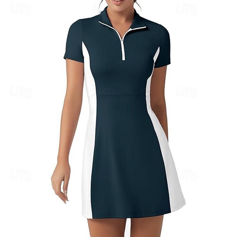 Damskie Kolorowy blok Sukienka do tenisa Sukienka sportowa Szybkie wysychanie Elastyczny Oddychający Bransoletka tenisowa Obuwie sportowe Bieganie Kołnierz zapinany na zamek Sukienka Czarny Biały 2026 - $27.99 –P1