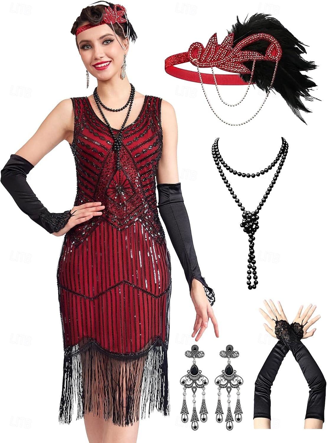 Conjunto Loucos anos 20 Anos 20 Até os Joelhos Vestidos Vestido melindroso Roupa com acessórios Sem Mangas O Grande Gatsby charleston Paetês Franjas Pena Decote V Fantasia Mulheres Carnaval Ano Novo de 2026 por $69.99 –P1