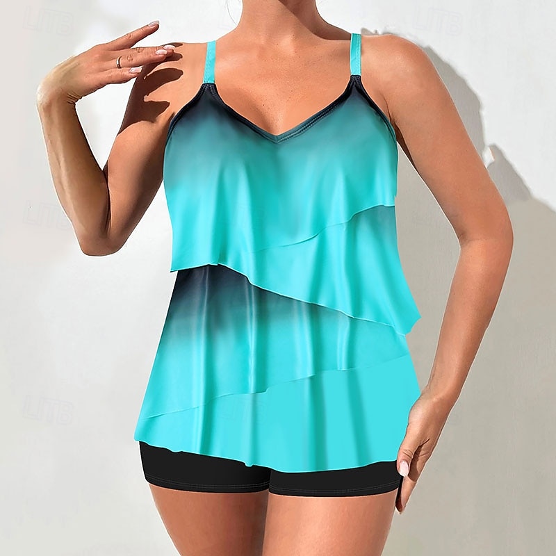 Mujer Bañadores 2 piezas Alta cintura Traje de baño Espalda al Aire Vacaciones Ropa de playa Ombre Escote en Pico Sin Mangas Trajes de baño 2026 - $28.99 –P6