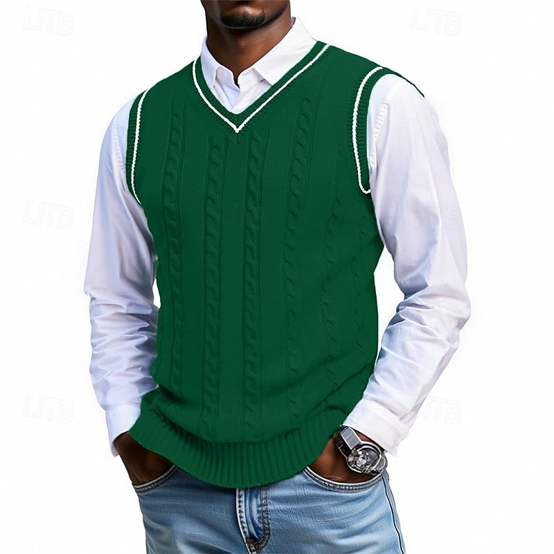 Муж. Свитер жилет Платье-свитер Пуловер Свитер Жилет Вязаный свитер Рельефный узор Вязать Обычные топы Трикотаж Пэчворк V-образный вырез Мода Уличный стиль Отпуск Бизнес Одежда Без рукавов Осень Зима 2026 - ₪103 –P1
