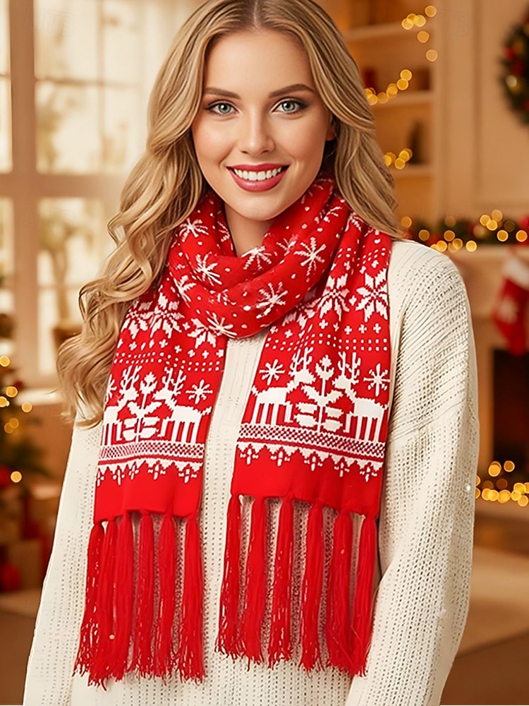 Écharpe de Noël tricotée pour femme, en acrylique, motif jacquard rouge et blanc avec rennes et flocons de neige, accessoire festif d'hiver pour les fêtes de fin d'année de 2026 ? $14.99 –P1