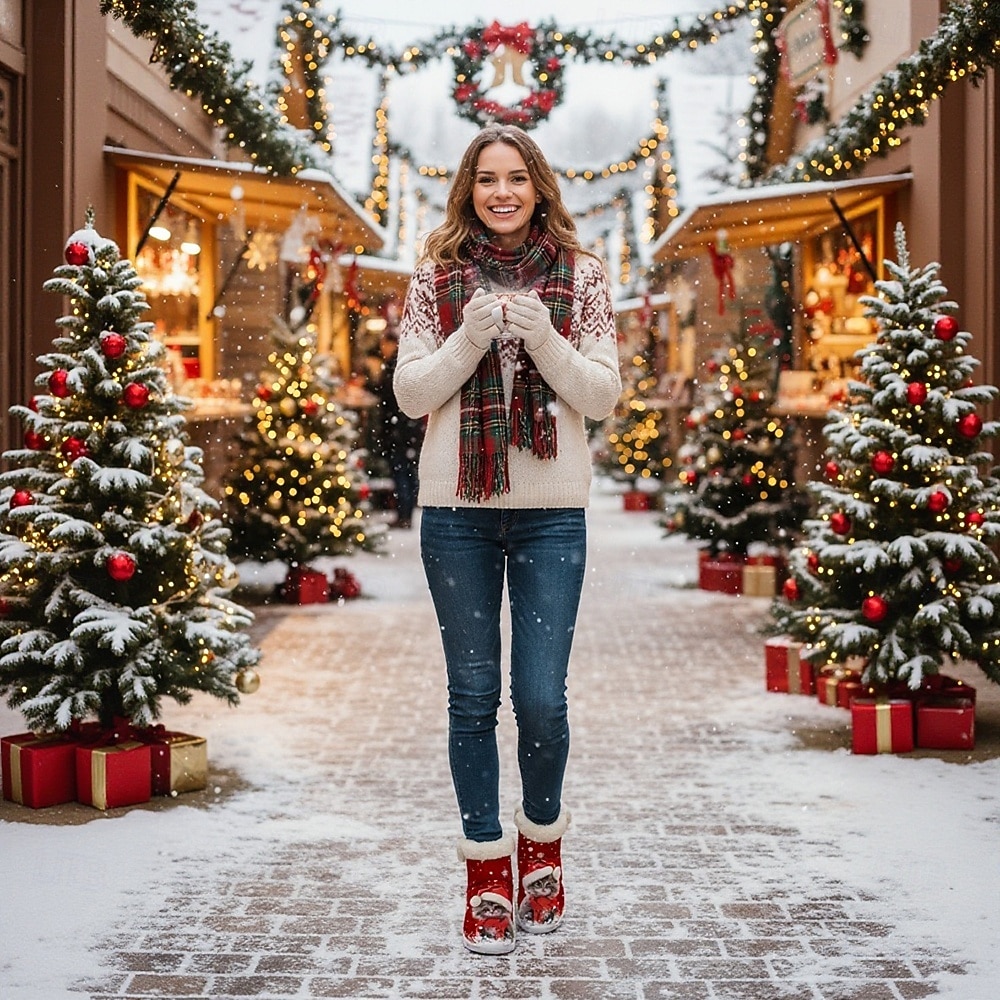 Botas femininas natalinas quentinhas com forro de pele e estampa fofa de Papai Noel com gatinho – estilo aconchegante de inverno, sola leve antiderrapante, perfeitas para festas de fim de ano, passeios ao ar livre, uso casual e para presentear no Natal. de 2025 por $59.99 –P3