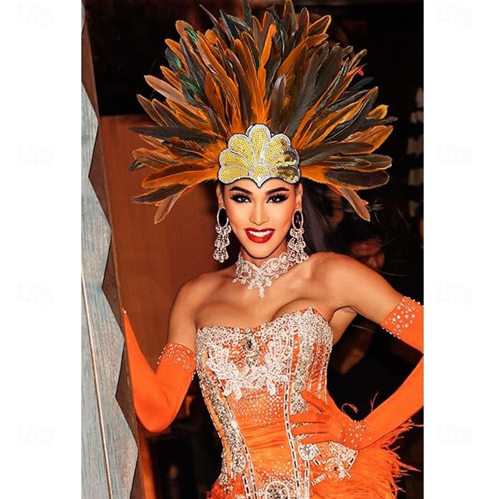 Carnaval 2026 Rio Carnaval Samba Accessoires Bruin Oranje Veer Hoofdband voor Dames - Gouden Pailletten Showgirl Hoofddeksel - Mardi Gras Accessoire Brazilië Festival Prestatie Kostuum 2026 - $16.99 –P5
