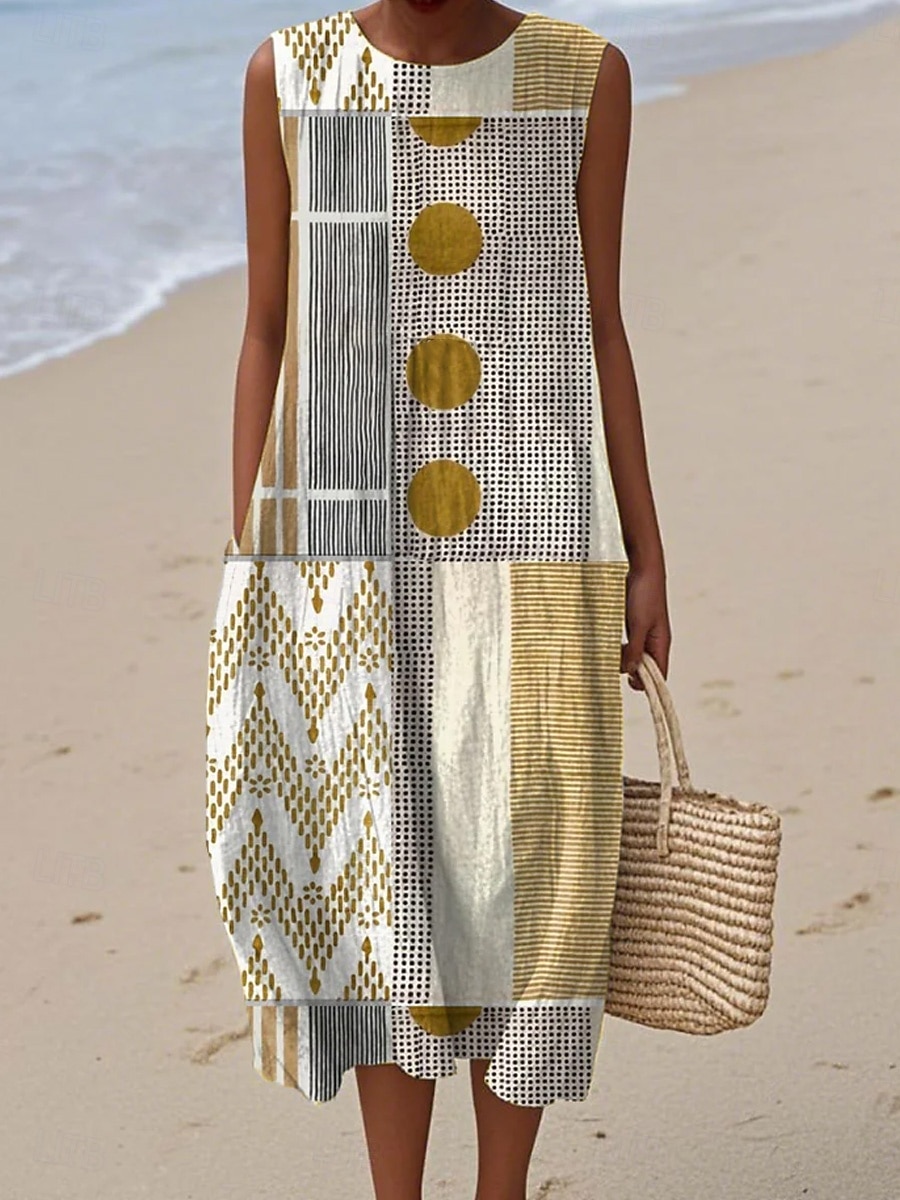 Midi sukienka lniana sukienka wakacyjna sukienka typu shift w kształcie litery A wakacyjna casualowa boho na plażę na wyjście luźna graficzna geometryczna bez rękawów okrągły dekolt niebieska biała 2026 - $39.99 –P3