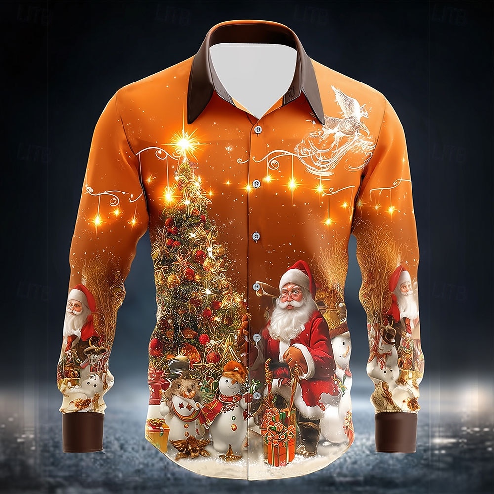 Weihnachten Herren Weihnachtsmann Schneemann Weihnachtsbaum Hemd Knopfhemd Langarm Lustig Weihnachtsgeschenke Ferien Frühling Herbst Umlegekragen 3D-Druck Hemden mit Kragen Rote Orange Dunkelblau 2025 - $26.99 –P1