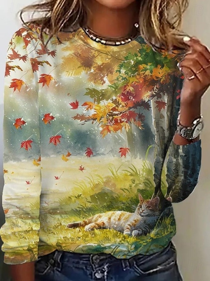 Dámské tričko grafický květinový rostliny vintage móda stylové dlouhý rukáv crew neck kulatý výstřih pravidelné topy každodenní víkendový potisk hnědá jaro podzim zima 2026 - $24.99 –P6