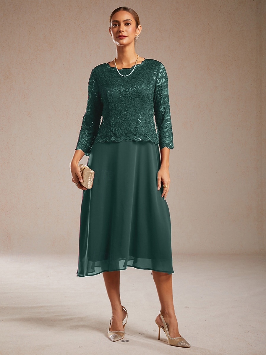 Mulheres Vestido midi Vestido de chiffon Elegante Convidado do casamento Coquetel Festa de Chá Paetês Renda Côr Sólida Manga 3/4 Gola Redonda Verde Esmeralda de 2026 por $103.99 –P1