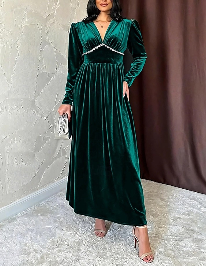 Women's Velvet Green Fall Winter Maxi Dress Pleated Dress Birthday Formal  Regular Fit V Neck 2026 - $42.99
