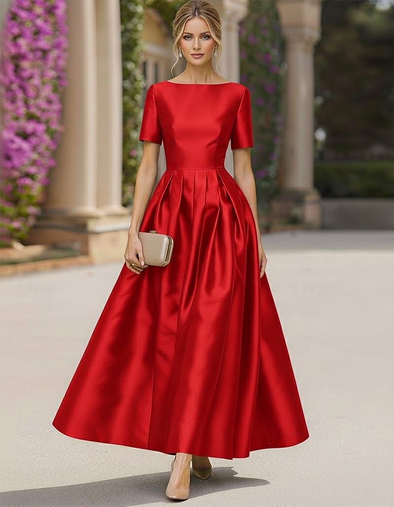A-Line Tea Length Cocktail Dresses Elegant Short Sleeve Boat Neck Garden Party Wedding Taffeta Stretch Satin with Pleats 2026 - $149.99 –P5