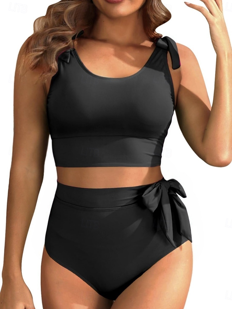 Bikini de mujer de 2 piezas bragas delgadas espalda descubierta ropa de playa de vacaciones trajes de baño en color sólido de cuello U sin mangas 2026 - $25.99 –P5