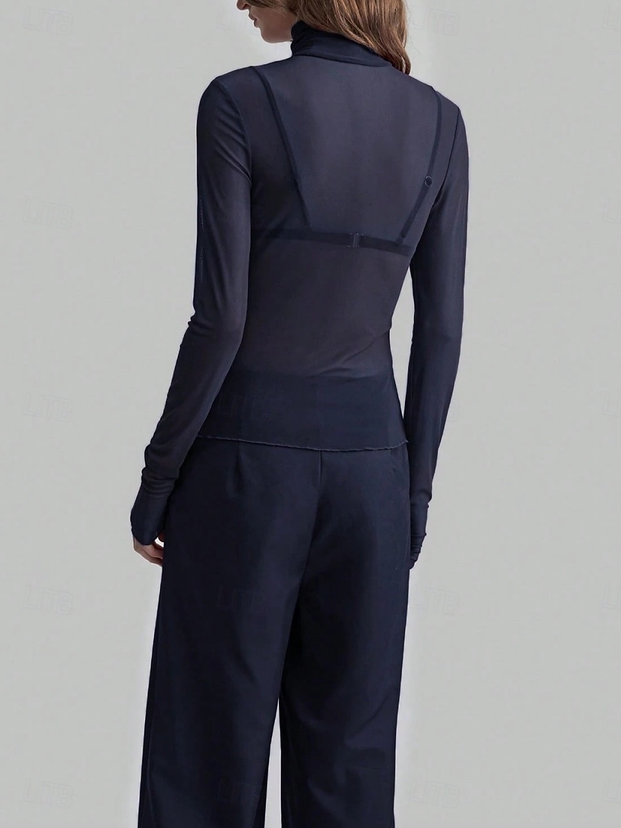 Dames Blouse Lapwerk Netstof Effen Kleur Elegant Stijlvol Basic Lange mouw Coltrui Normale tops Dagelijks Grijs-Groen Zwart Wijn Marineblauw Bruin Zomer Lente Herfst 2026 - $21.99 –P6