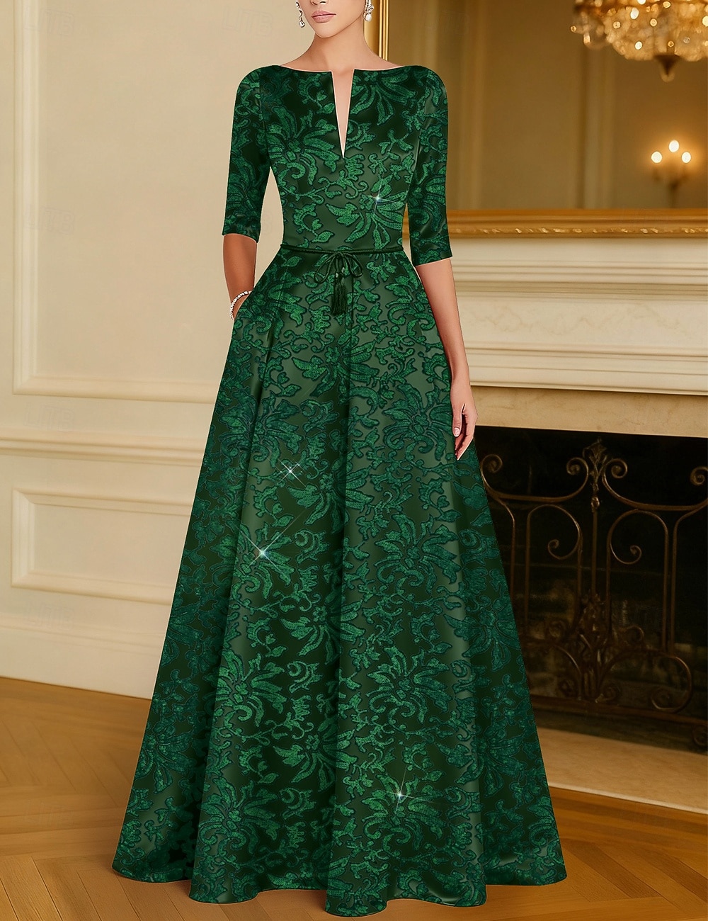 Linea ad A Lunghezza al pavimento Perline ricamate Abito Formale Abito da madre della sposa Abito da Sera Da principessa Abito formale Elegante Brillanti Mezza Manica Scollo a Barca Matrimonio Formale del 2026 a $195.99 –P5