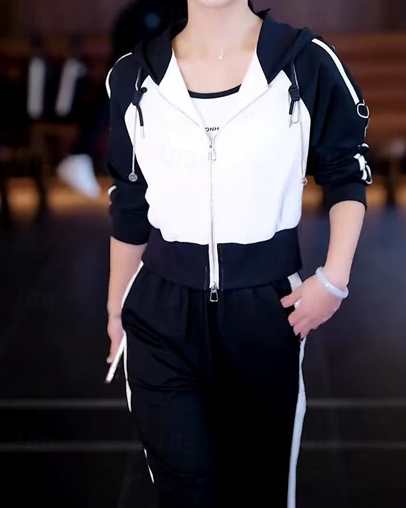 نسائي سويت شيرت بسحاب بنطلون واسع الساق بدلة رياضية من قطعتين رباط ألوان متناوبة أطقم ملابس رياضية الخريف أسود أبيض المشي لمسافات طويلة مهنة ركض كم طويل رياضة ألبسة رياضية مرن نسبياً عادي 2026 - $39.99 –P11