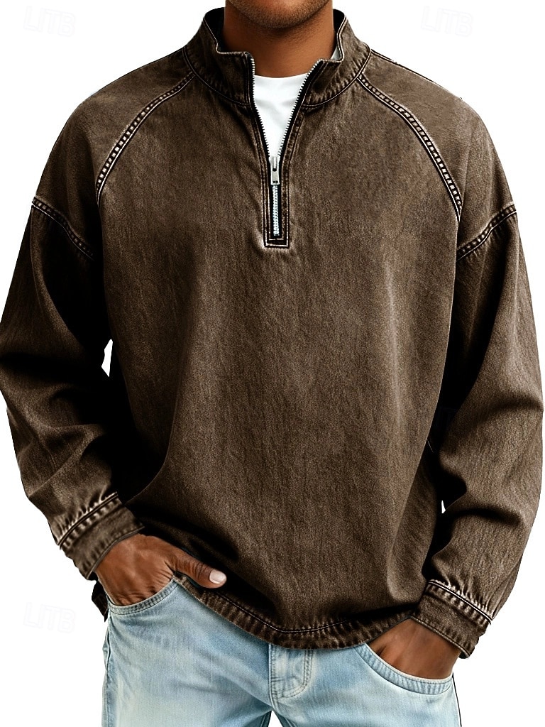 Herren Hemd aus 100 % Baumwolle in Säurewaschung T-Shirt Langarm Stehkragen Frühling Herbst Herbst Winter Einfach Vintage Streetwear Lässig Reißverschluss Basic Lässig Heim Straße Schwarz Rosa 2026 - $31.99 –P3