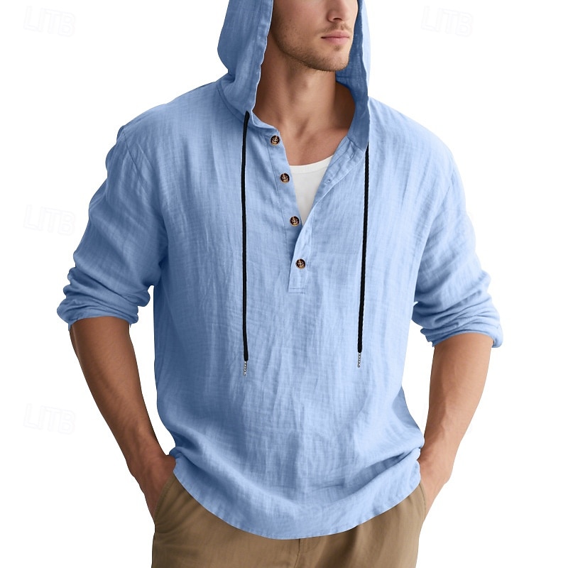 Men's Shirt Popover Shirt Summer Shirt Casual Shirt Beach Shirt Black White Yellow Navy Blue khaki Long Sleeve Solid Color Hooded Vacation Casual Drawstring Clothing Apparel Fashion Casual Comfortable 2026 - $28.99 –P18