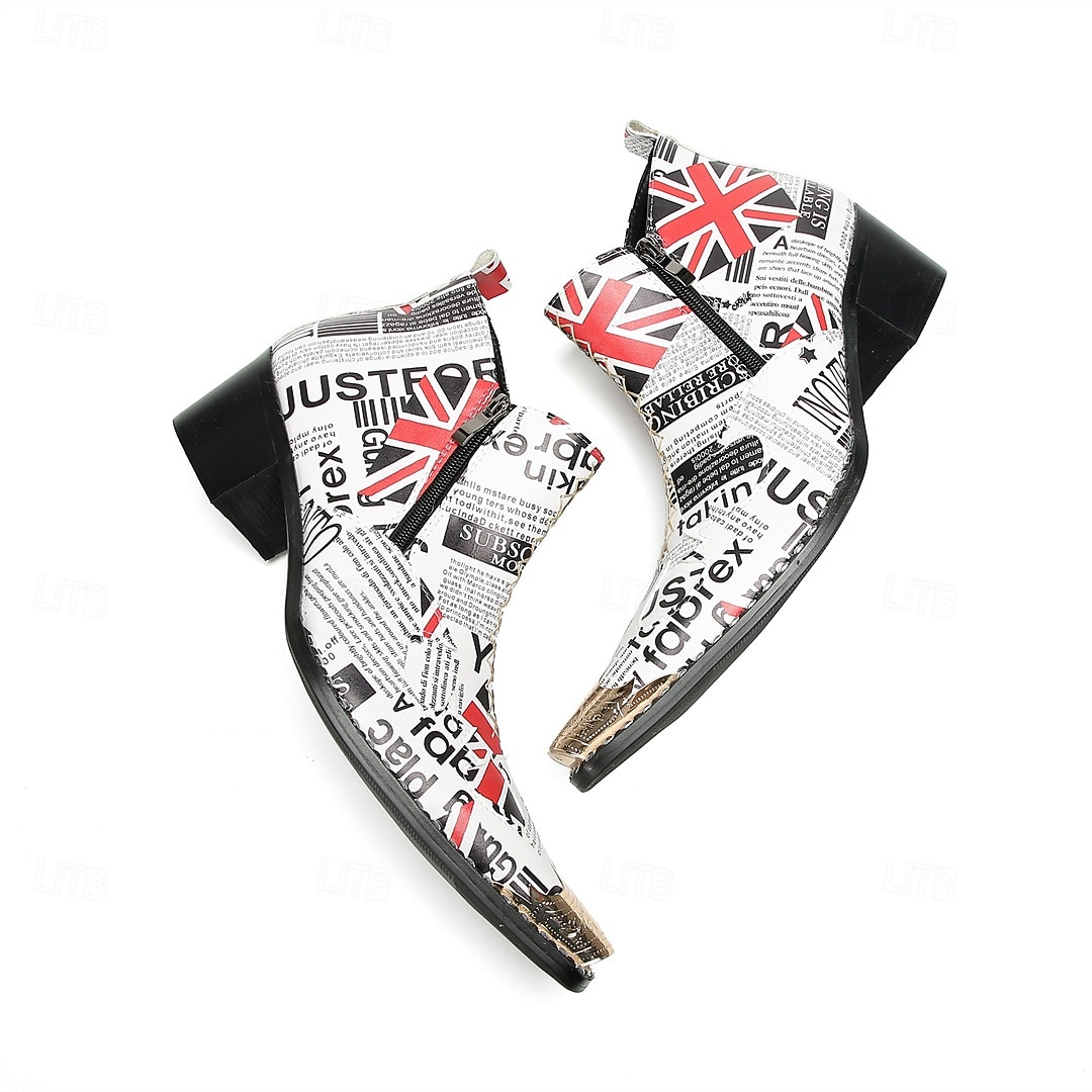 Miesten sanomalehtikuvioiset nilkkurit - ainutlaatuinen nahkamuotoilu rohkeilla kuvioilla, täydellinen katutyyliin ja rentoon kokoontumiseen 2025 - $139.99 –P9