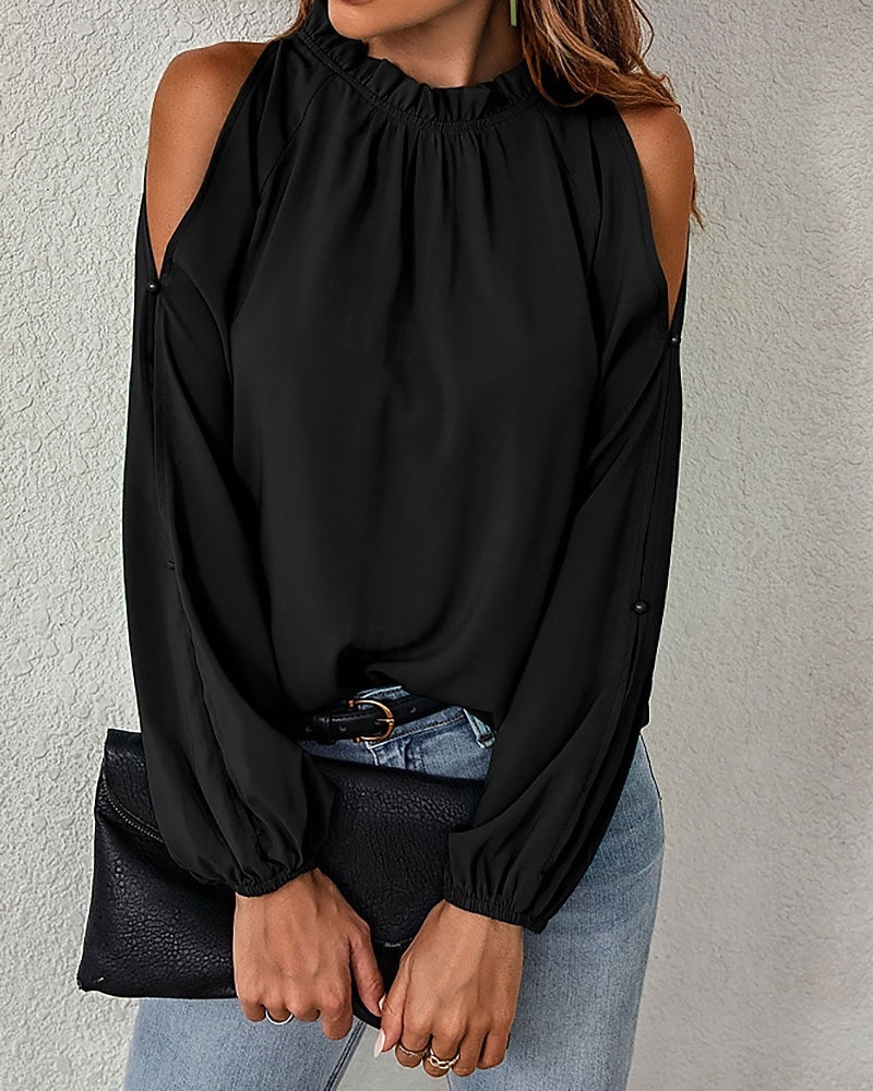 Жен. Блуза Рюши Оборки Полотняное плетение Элегантный стиль Винтаж Стиль Длинный рукав Вырез под горло Обычные топы Повседневные Праздники На выход Черный Винный Зеленый Осень Зима 2026 - $21.99 –P5