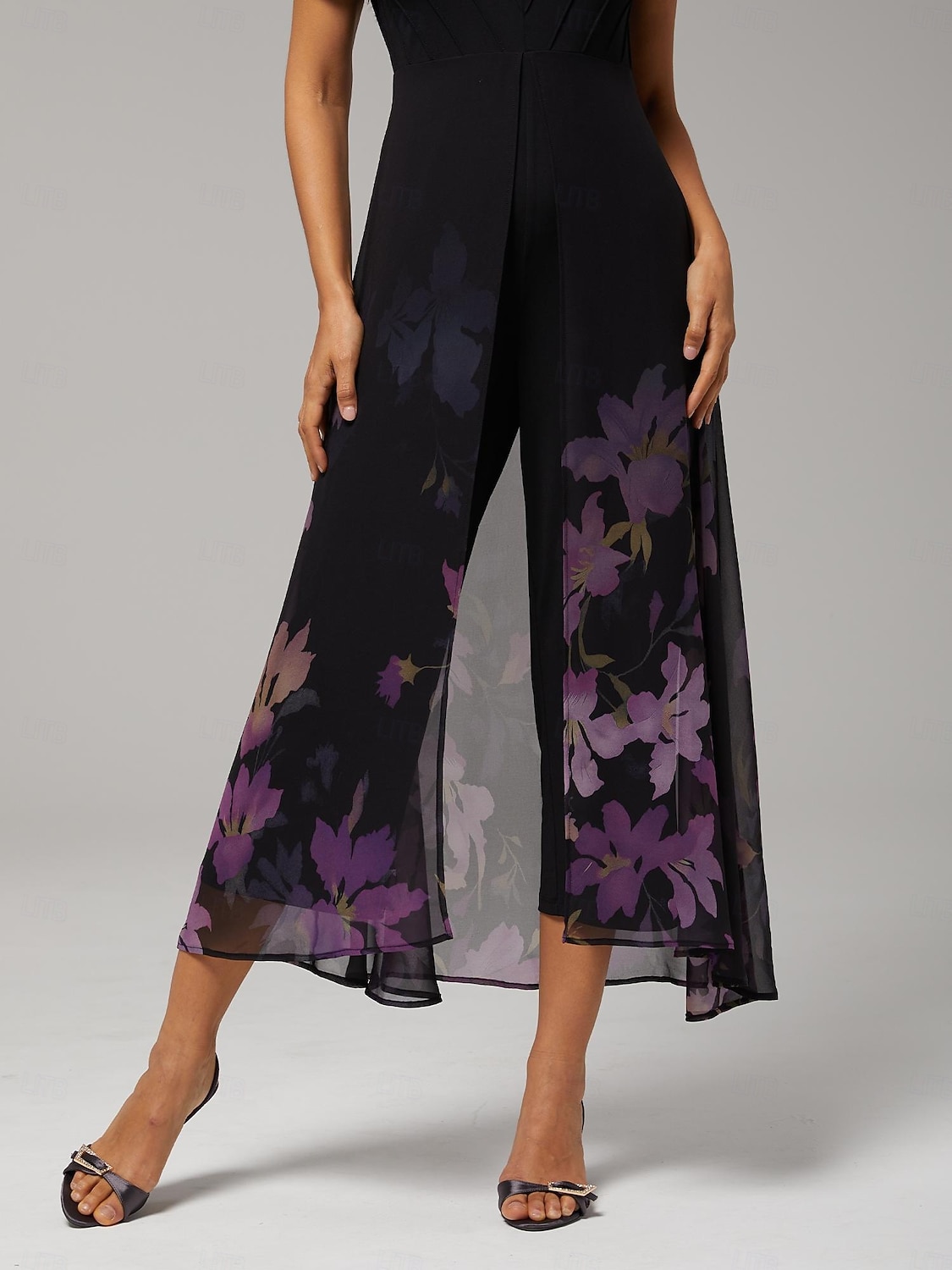 damejumpsuit svart tencel chiffon gradient paneled imitert todelt flagrende gjennomsiktig stretch blomstertrykk v-hals fest ferie vår sommer 2026 - $28.49 –P9