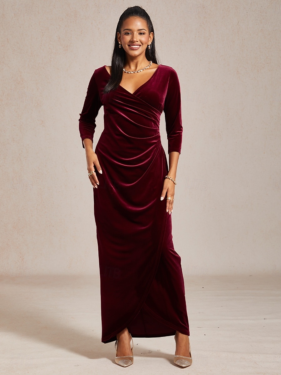 Women's Maxi Dress Wrap Dress Velvet Dress Elegant Wedding Guest Evening Party Cocktail Party Solid Color 3/4 Length Sleeve V Neck Eggplant Winter 2026 - $53.99 –P6