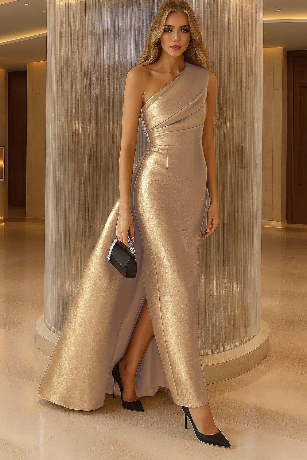 Mermaid Trumpet Floor Length Evening Gown Elegant Glittering Celebrity Style Sleeveless One Shoulder Garden Party Wedding Satin with Pleats Ruched Overskirt 2026 - $172.99 –P4