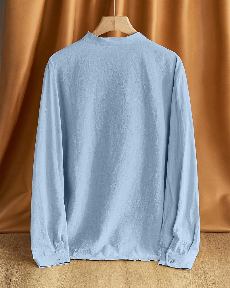 Per uomo Camicia Camicia di lino Camicia popover Camicia casual Camicia di cotone Semplice Vacanza Camicia hawaiana Nero Bianco Cachi Verde militare Manica Lunga Colletto alla coreana Primavera del 2025 a $24.99 –P9