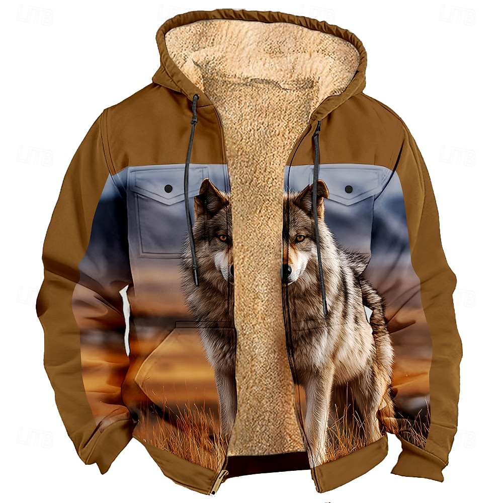 Miesten Kettu Susi Fleece Huppari Takki College Muoti Tyylikäs Päivittäin Vintage retro Hupullinen ulko- Metsästys Musta Ruskea Ruskea 2 Vetoketju Tasku Syksy Talvi Suunnittelija S M L XL XXL XXXL 2026 - $44.99 –P2