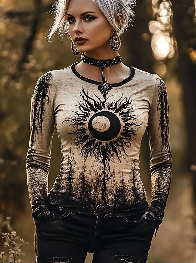 Tricou Boho pentru Femei Grafic Viking Vintage Bohemia Stil Vintage Mâneci Lungi Gât Rotund Topuri Regulate Zile de Zi Weekend Imprimare Negru Primăvară Toamnă Iarnă 2026 - $24.99 –P1