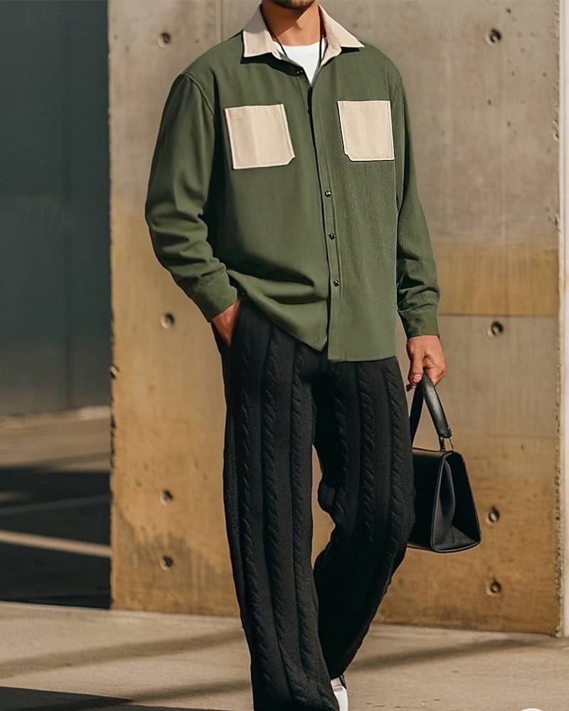Per uomo Camicia Camicia casual Camicia di Velluto a Coste Camicia con Bottoni Blu Nero Verde militare Grigio Manica Lunga Blocco di colori Collo ripiegato Vacanza Casuale Tasche Multiple del 2026 a $25.99 –P3