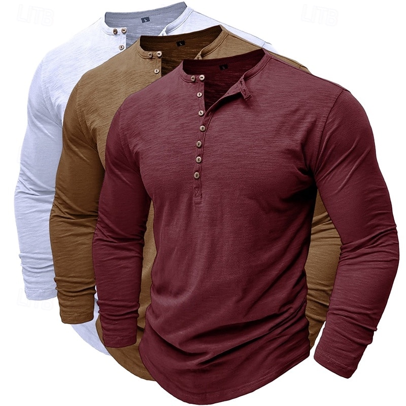 3er-Pack Henley-Shirts für Herren, langärmlig, einfarbig, modisch, lässig, für Alltag und Freizeit, 3er-Pack, Henley-Shirts in Blau, Weiß und Schwarz, ideal für Sommer und Frühling, 2026 - $62.99 –P11