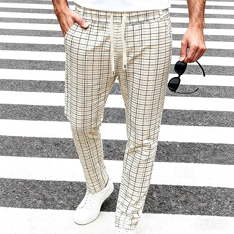 Men's Trousers Casual Pants Drawstring Pocket Elastic Waist Plaid Comfort Soft Outdoor Daily Holiday Fashion Classic Style Dark Khaki Light Khaki Micro-elastic 2026 - $24.99 –P22