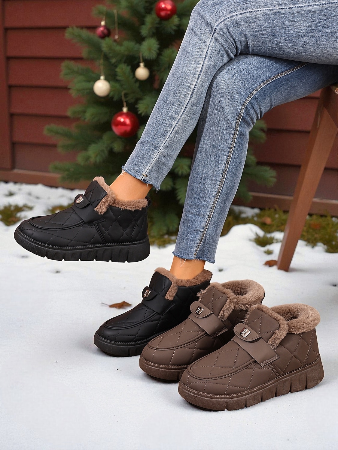 damkaffefärgade quiltade vinterkorta stövlar – varma slip-on pufferstövlar med foder i fuskpäls och rem för utomhusbruk i snö och vardagsbruk 2026 - $29.99 –P5