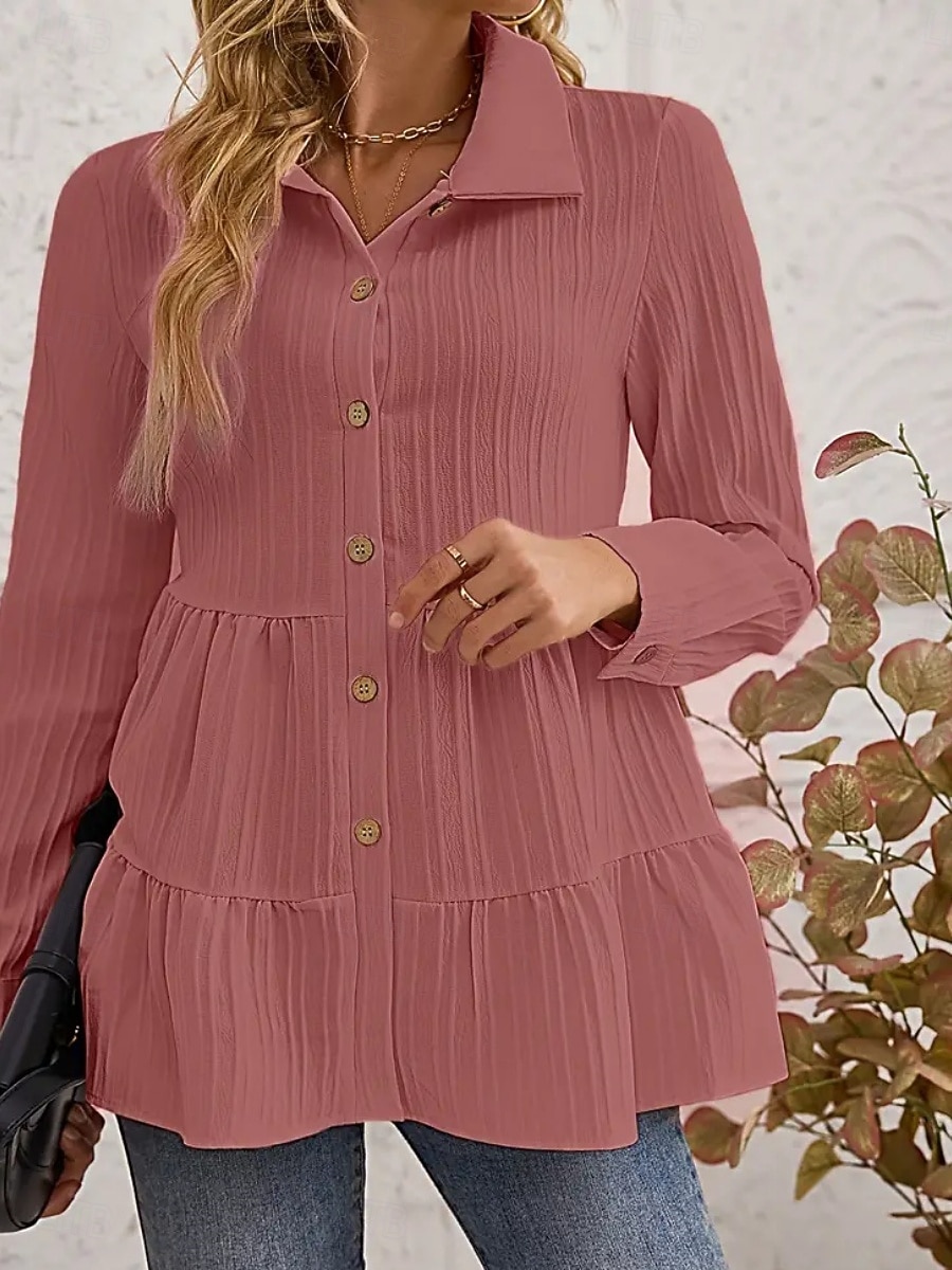 Damen Bluse Gerafft Knöpfe Einfarbig Stilvoll Lässig Langarm Hemdkragen Normale Oberteile Täglich Salbeigrün Schwarz Rote Marineblau Aprikose Frühling Herbst Winter 2026 - $26.99 –P6