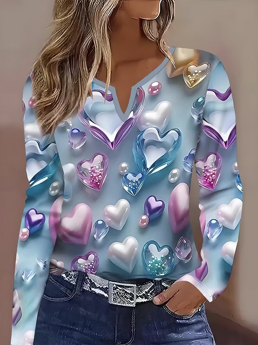 Γυναικεία Μπλουζάκι Στάμπα Καρδιά Γραφική Βίντατζ Στυλάτο Κλασσικό Μακρυμάνικο Λαιμόκοψη V Λαιμός με εγκοπή Κανονικά μπλουζάκια Καθημερινά Θαλασσί Ανθισμένο Ροζ Βυσσινί Καλοκαίρι Άνοιξη Φθινόπωρο 2026 - $24.99 –P4