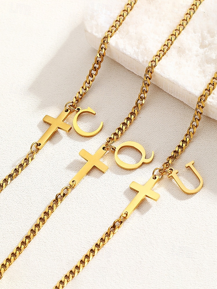 Tobillera personalizada para mujer en acero inoxidable con dijes de letras del alfabeto, diseño de cruz y letras, ideal como regalo de Navidad. Disponible en 26 letras. 2026 - $7.99 –P3